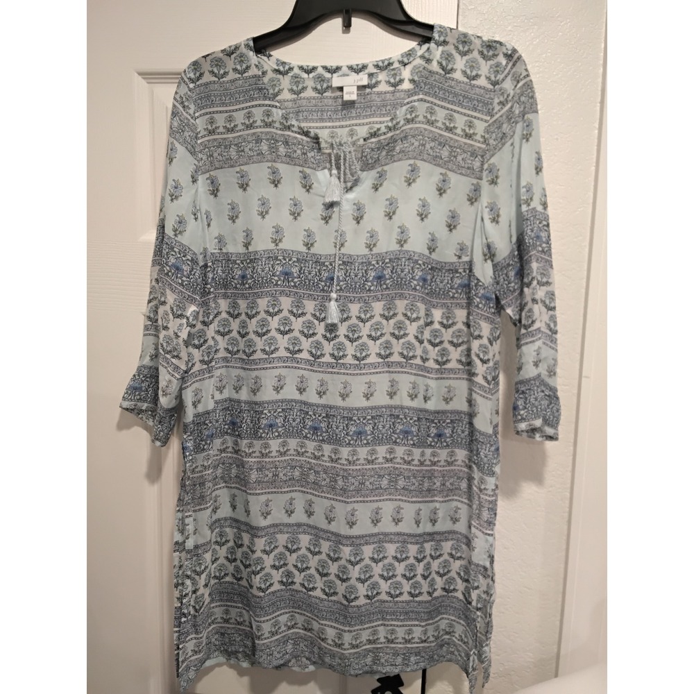 J. Jill Blue Floral Paisley Tencel Lyocell Tunic Top Tassel Tie 3/4 Sleeve Small